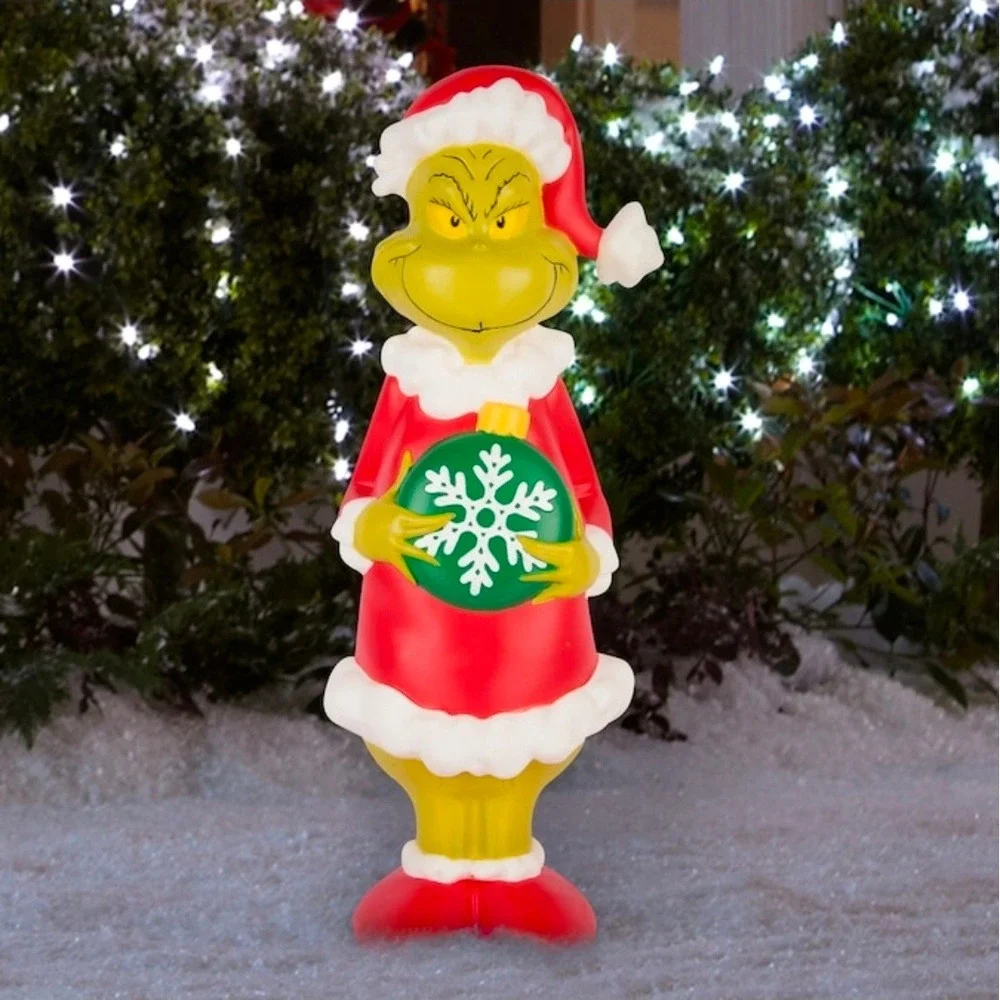 Grinch Christmas Yard Decoration Lighted Santa Hat Snowflake Ornament Blow Mold